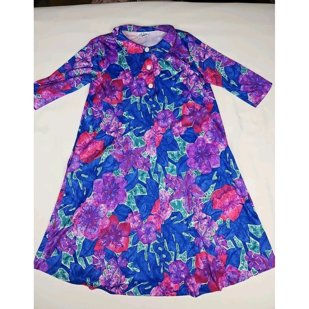 Vtg Bold Floral Poly Lounge Dress Polo Shirt Style A Line Size M, tag size‎ L